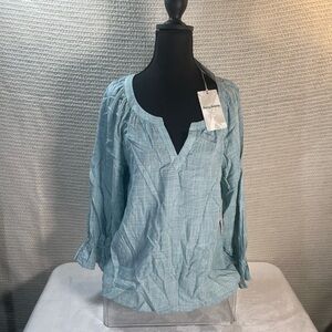 Tommy Bahama Top Womens Medium M Blue Montauk Gingham Ruffle 3/4 Sleeve Blouse